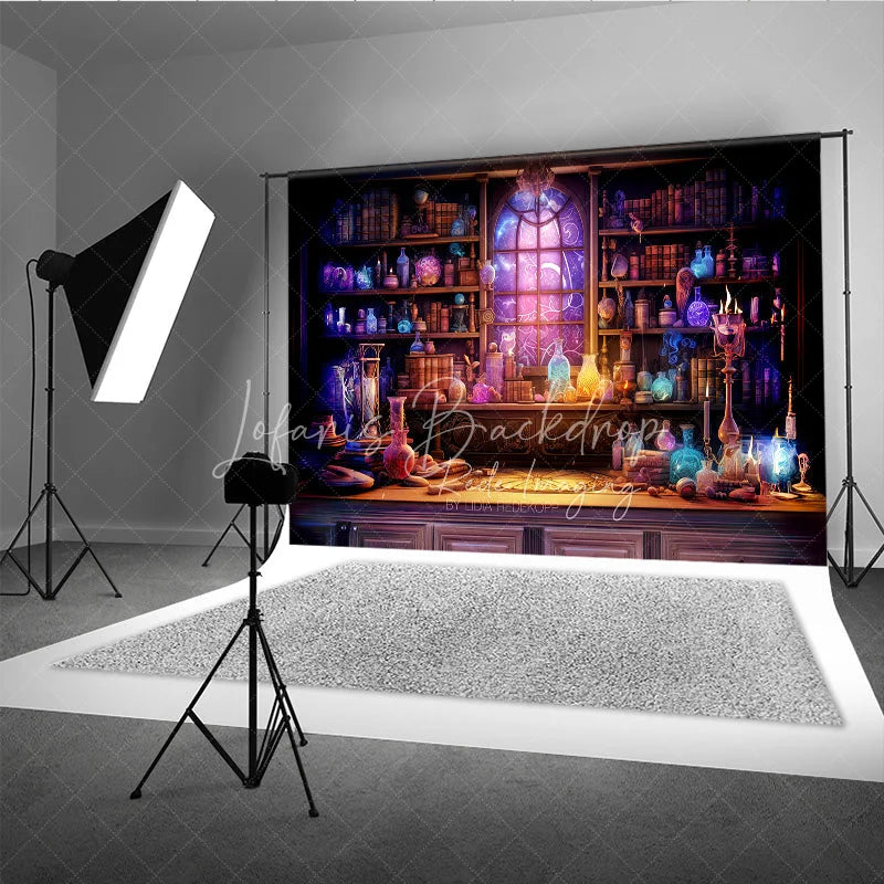 Lofaris Mystical Alchemist Lab with Glowing Potions and Cosmic Window Holiday Backdrop Enchanting Fantasy Decor