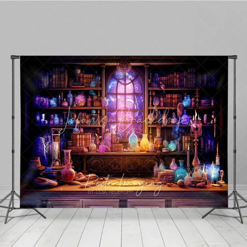 Lofaris Mystical Alchemist Lab with Glowing Potions and Cosmic Window Holiday Backdrop Enchanting Fantasy Decor