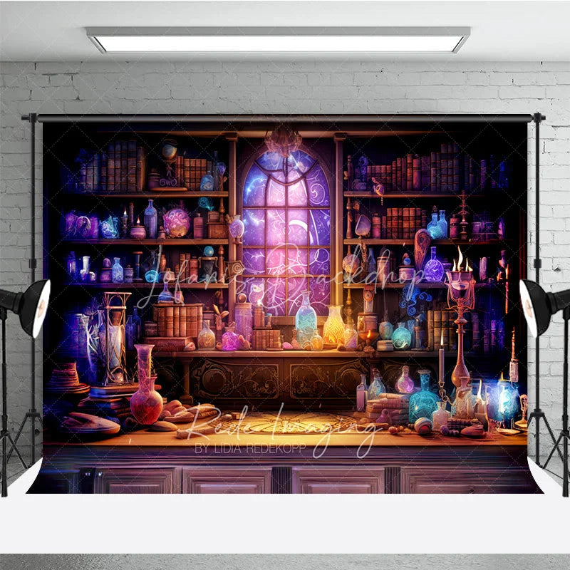 Lofaris Mystical Alchemist Lab with Glowing Potions and Cosmic Window Holiday Backdrop Enchanting Fantasy Decor