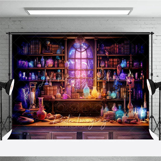 Lofaris Mystical Alchemist Lab with Glowing Potions and Cosmic Window Holiday Backdrop Enchanting Fantasy Decor