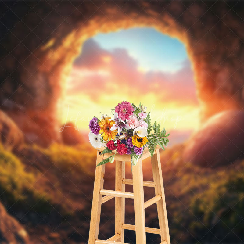 Lofaris Mystical Cave Entrance Sunset Glow Cross Backdrop