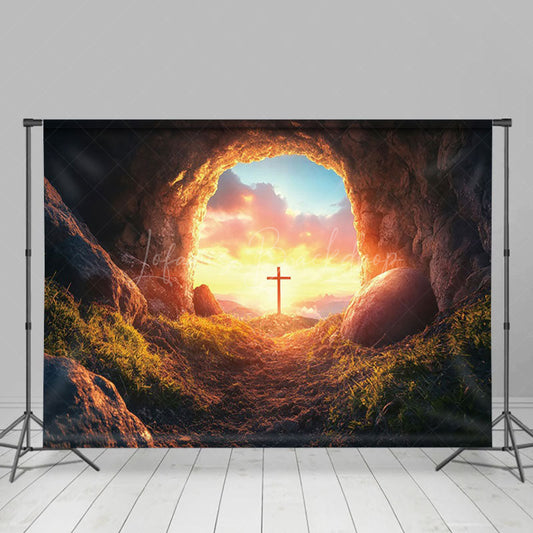 Lofaris Mystical Cave Entrance Sunset Glow Cross Backdrop