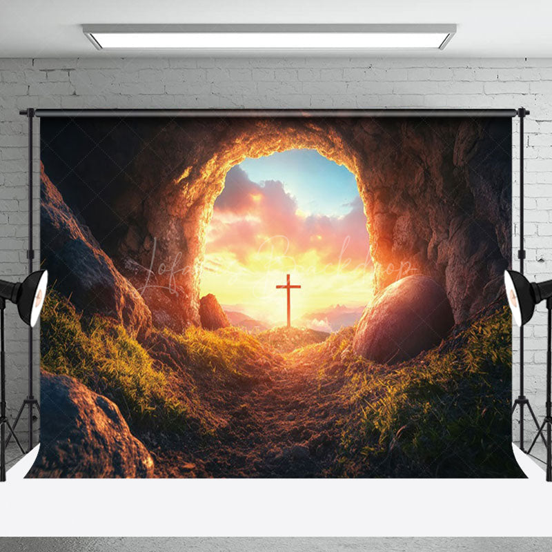 Lofaris Mystical Cave Entrance Sunset Glow Cross Backdrop