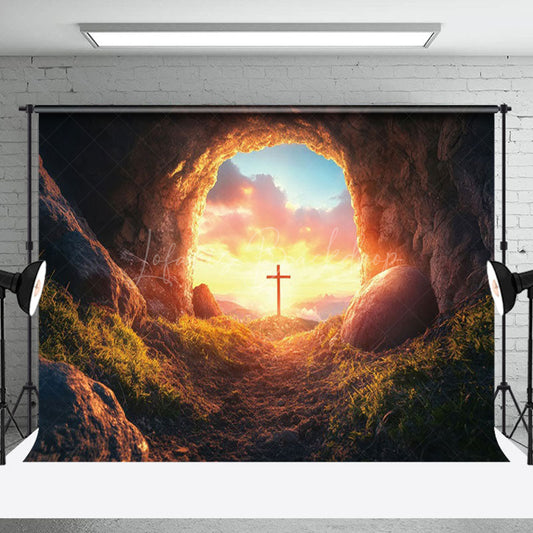 Lofaris Mystical Cave Entrance Sunset Glow Cross Backdrop