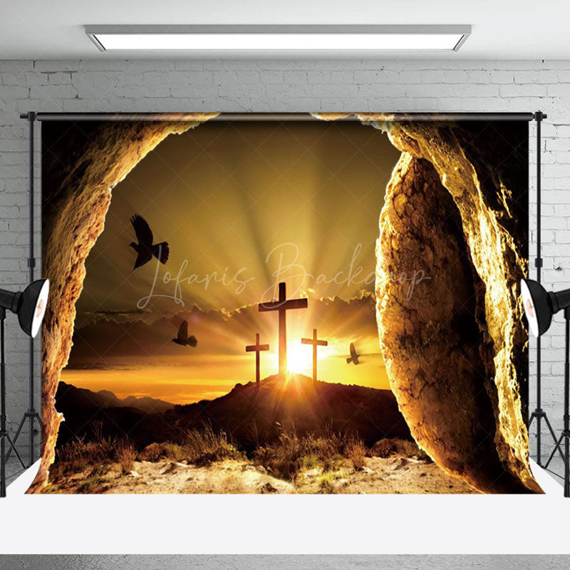 Lofaris Mystical Cave Entrance Wooden Cross Sunset Backdrop