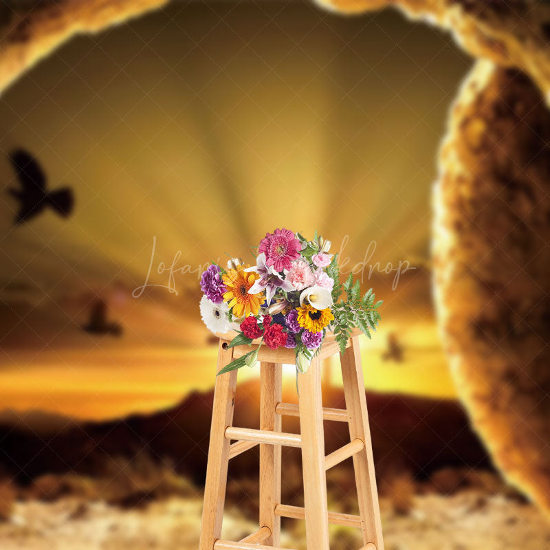 Lofaris Mystical Cave Entrance Wooden Cross Sunset Backdrop