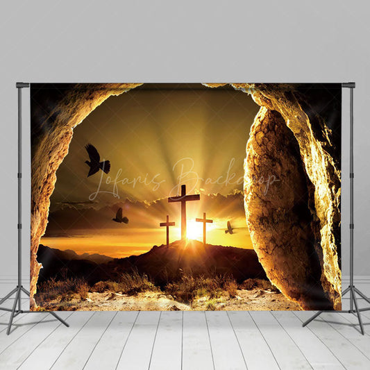 Lofaris Mystical Cave Entrance Wooden Cross Sunset Backdrop