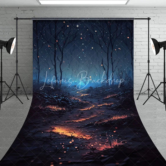 Lofaris Mystical Dark Forest Sweep Backdrop featuring a Magical Glowing Path and Sparkling Starry Night Sky