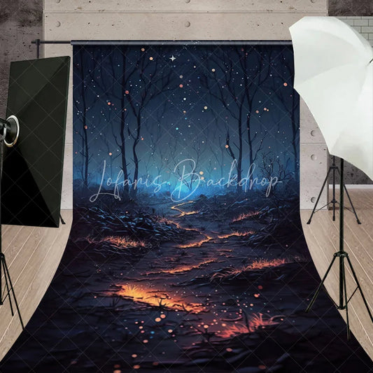 Lofaris Mystical Dark Forest Sweep Backdrop featuring a Magical Glowing Path and Sparkling Starry Night Sky