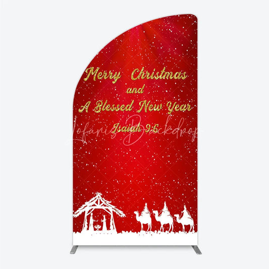 Lofaris Nativity Scene Merry Christmas Half Moon Arch Backdrop Red Snowy Blessed New Year Party Cover