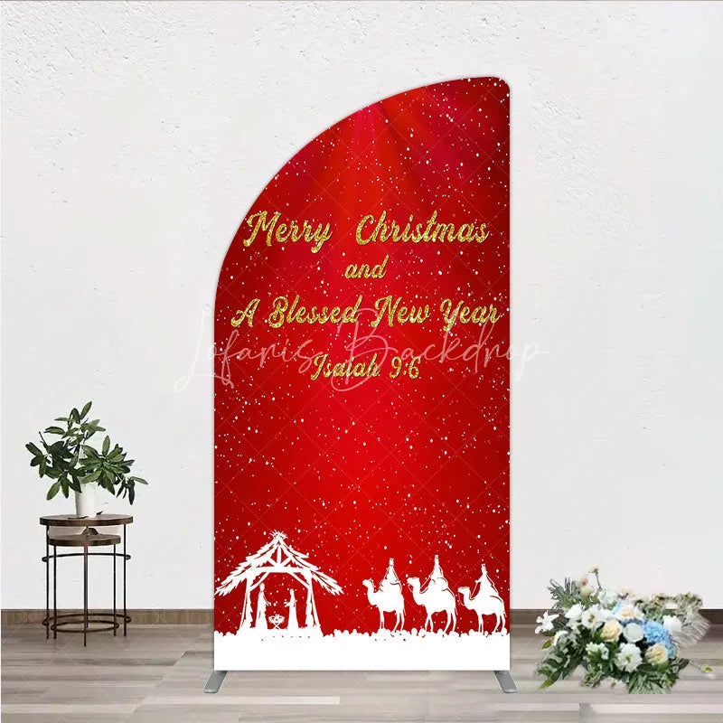 Lofaris Nativity Scene Merry Christmas Half Moon Arch Backdrop Red Snowy Blessed New Year Party Cover