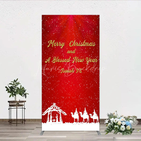 Lofaris Nativity Scene Merry Christmas Rectangle Backdrop Red Snowy Blessed New Year Party Cover