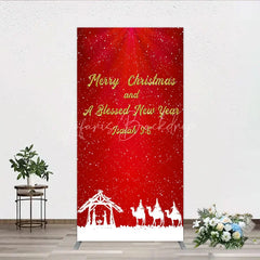 Lofaris Nativity Scene Merry Christmas Rectangle Backdrop Red Snowy Blessed New Year Party Cover