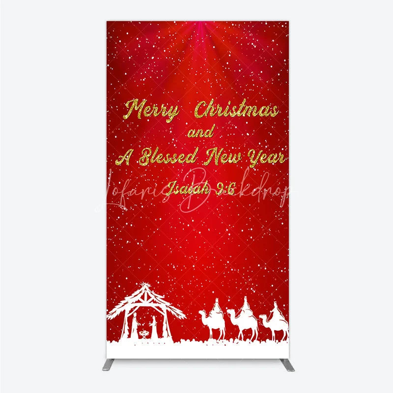 Lofaris Nativity Scene Merry Christmas Rectangle Backdrop Red Snowy Blessed New Year Party Cover