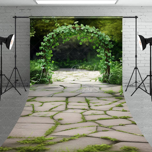 Lofaris Natural Green Clover Archway and Stone Pathway Sweep Backdrop Rustic Garden Photography Prop