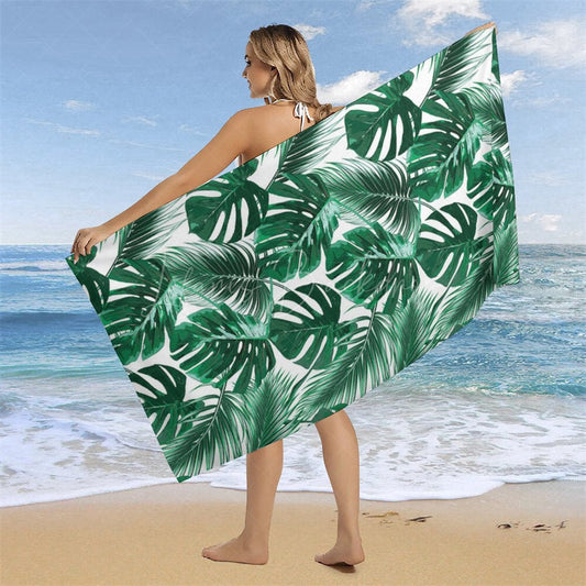 Lofaris Natural Green Monstera Plant Custom Name Beach Towel