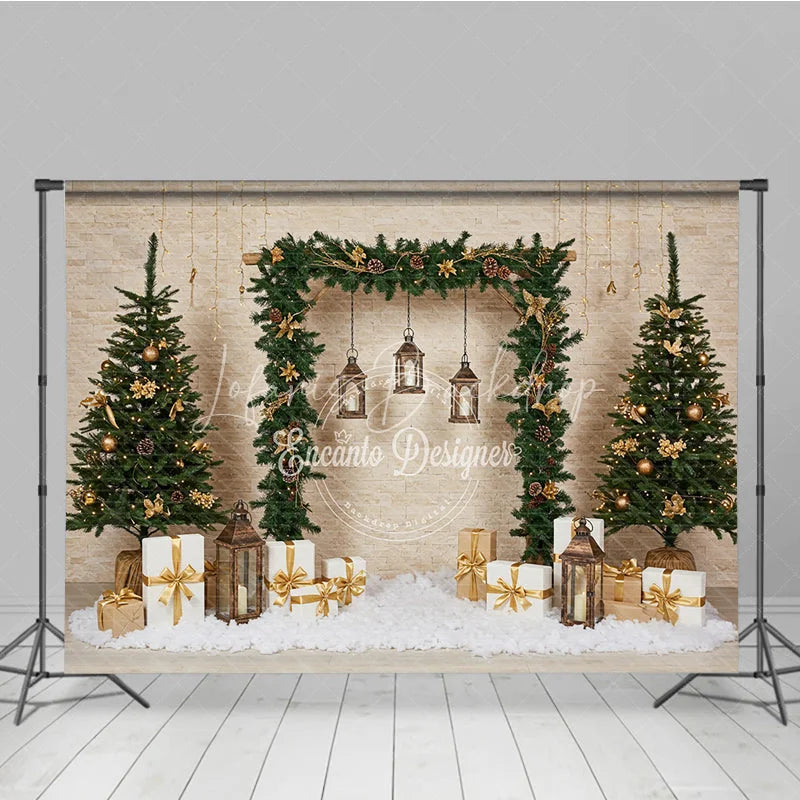 Lofaris Natural Rustic Christmas Arch Photography Backdrop Garland with Lanterns and Presents Holiday Photo Background