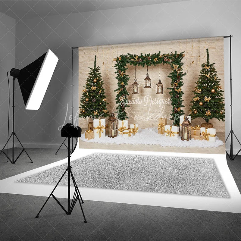 Lofaris Natural Rustic Christmas Arch Photography Backdrop Garland with Lanterns and Presents Holiday Photo Background