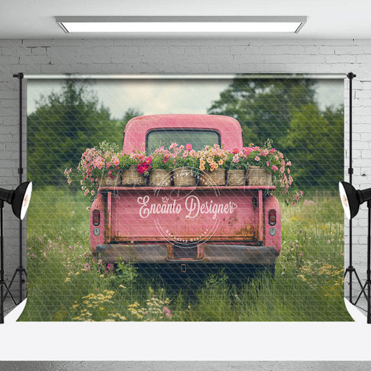 Lofaris Natural Spring Field Pink Truck Floral Backdrop