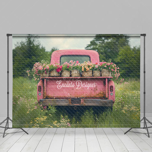 Lofaris Natural Spring Field Pink Truck Floral Backdrop