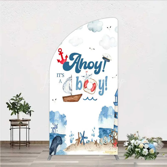 Lofaris Nautical Ahoy It is a Boy Half Moon Arch Backdrop Whale Lighthouse and Anchor Baby Shower Decoration