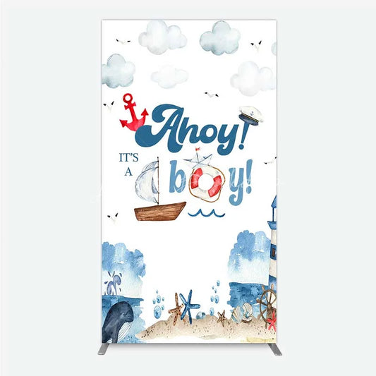 Lofaris Nautical Ahoy It is a Boy Rectangle Backdrop Whale Lighthouse and Anchor Baby Shower Decoration