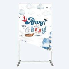 Lofaris Nautical Ahoy It is a Boy Rectangle Backdrop Whale Lighthouse and Anchor Baby Shower Decoration