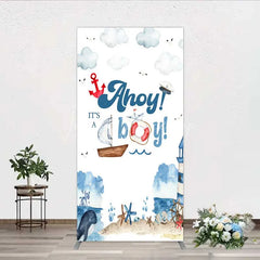Lofaris Nautical Ahoy It is a Boy Rectangle Backdrop Whale Lighthouse and Anchor Baby Shower Decoration
