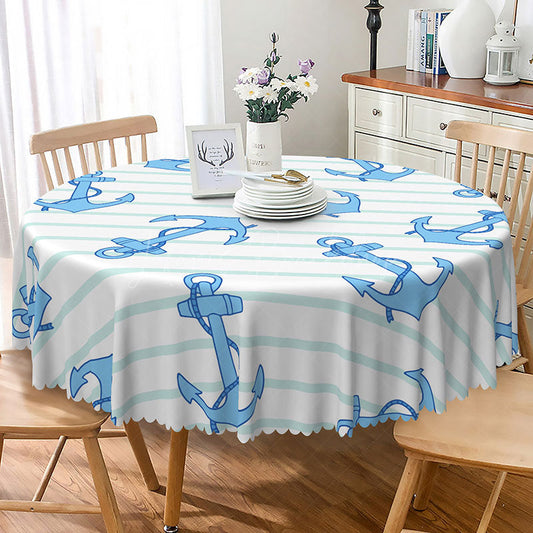 Lofaris Nautical Blue and White Stripe Round Tablecloth with Anchors for Coastal Sailor Themed Party Decor