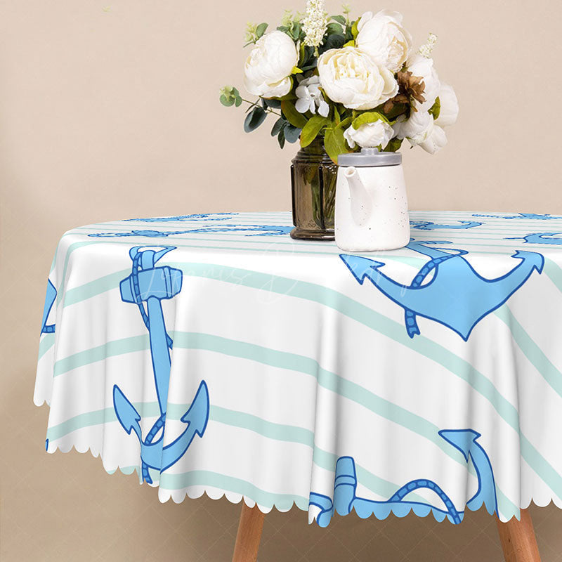 Lofaris Nautical Blue and White Stripe Round Tablecloth with Anchors for Coastal Sailor Themed Party Decor