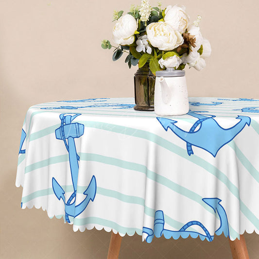 Lofaris Nautical Blue and White Stripe Round Tablecloth with Anchors for Coastal Sailor Themed Party Decor