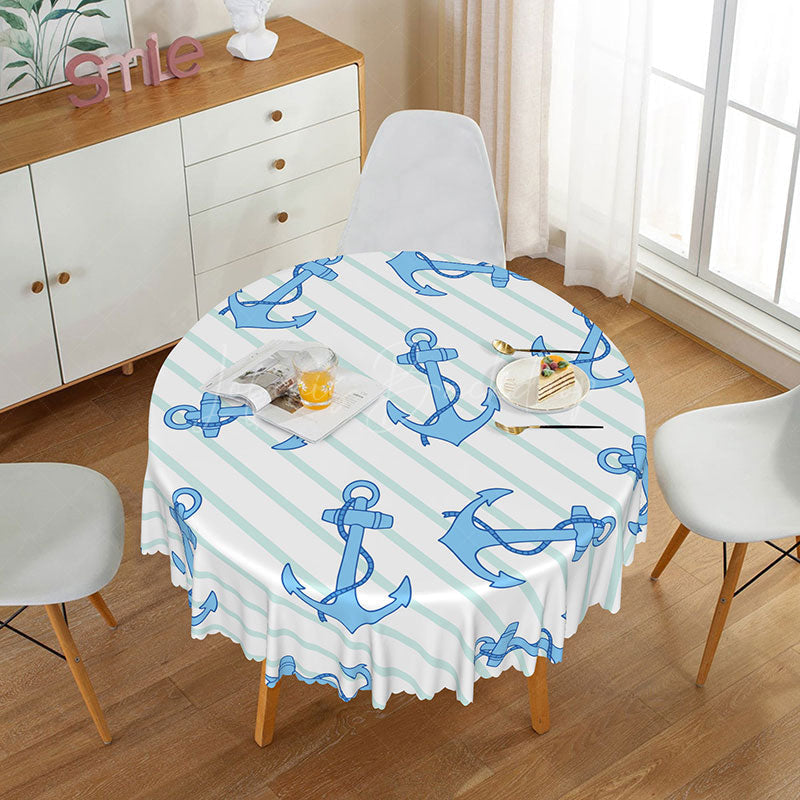 Lofaris Nautical Blue and White Stripe Round Tablecloth with Anchors for Coastal Sailor Themed Party Decor