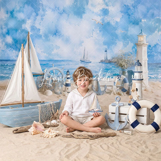 Lofaris Nautical Blue Ocean Beach Combo Set Backdrop with Sailboat Lighthouse Anchor for Summer Party Decor.
