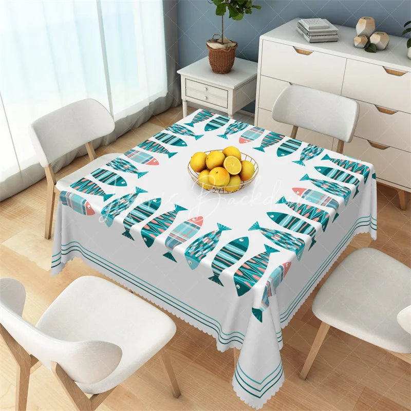 Lofaris Nautical Colorful Fish Border Rectangle Tablecloth Coastal Summer Dining Table Cover for Beach Party