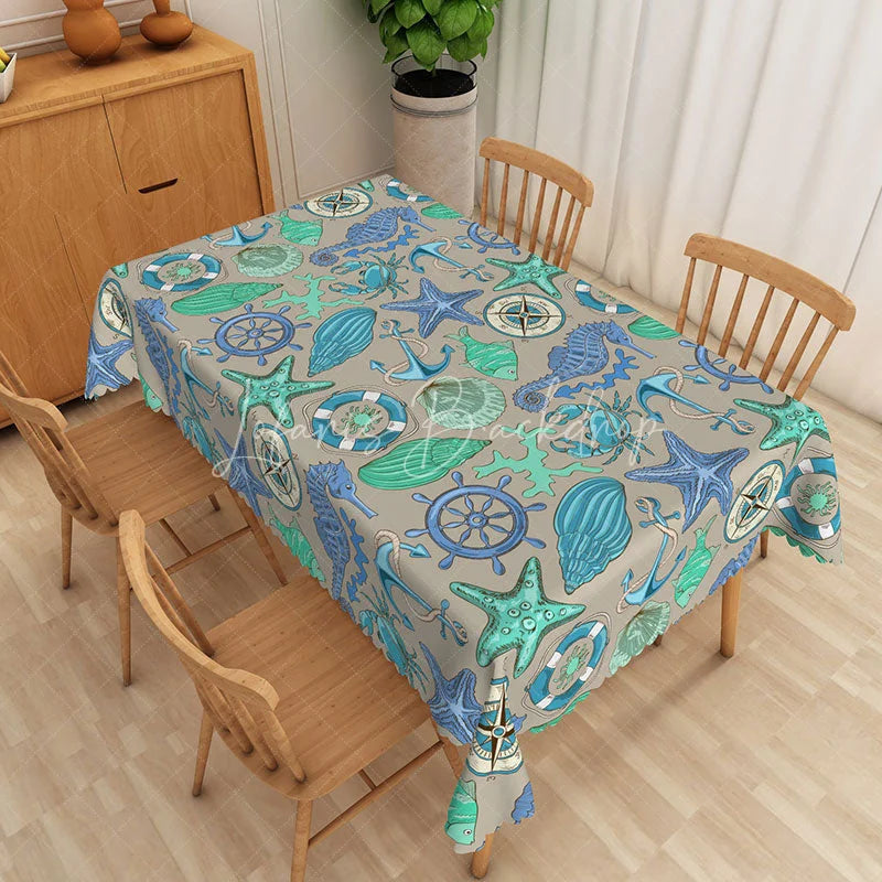 Lofaris Nautical Ocean Theme Rectangle Tablecloth Blue Teal Starfish Seahorse Anchor Marine Dining Table Cover for Summer