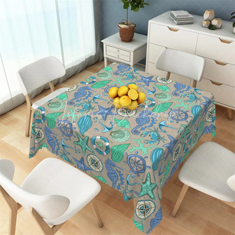 Nautical Teal Sea Life Rectangle Tablecloth, Seahorse and Starfish ...