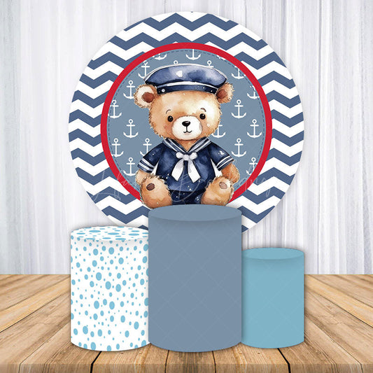 Lofaris Nautical Teddy Bear Round Backdrop Kit Sailor Themed with Anchor and Chevron for Boy Baby Shower or Birthday