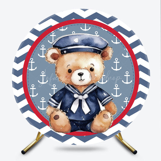 Lofaris Nautical Teddy Bear Round Backdrop Kit Sailor Themed with Anchor and Chevron for Boy Baby Shower or Birthday