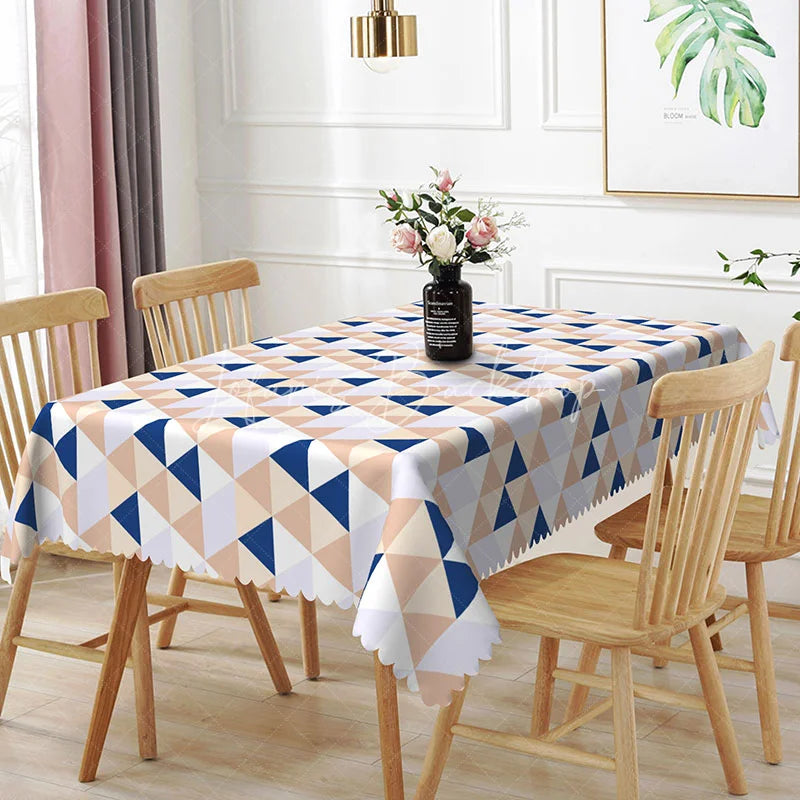 Lofaris Navy Blue and Beige Triangle Geometric Rectangle Tablecloth Modern Abstract Kitchen Dining Table Cover for Party