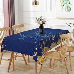 Lofaris Navy Blue and Gold Ramadan Lanterns Rectangle Tablecloth Islamic Mosque Crescent Moon Table Cover for Eid