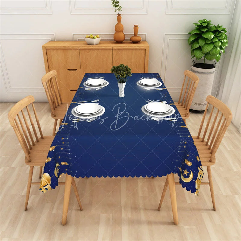 Lofaris Navy Blue and Gold Ramadan Lanterns Rectangle Tablecloth Islamic Mosque Crescent Moon Table Cover for Eid