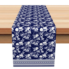 Lofaris Navy Blue and White Floral Silhouette Table Runner Greek Key Border Modern Farmhouse Dining Decor