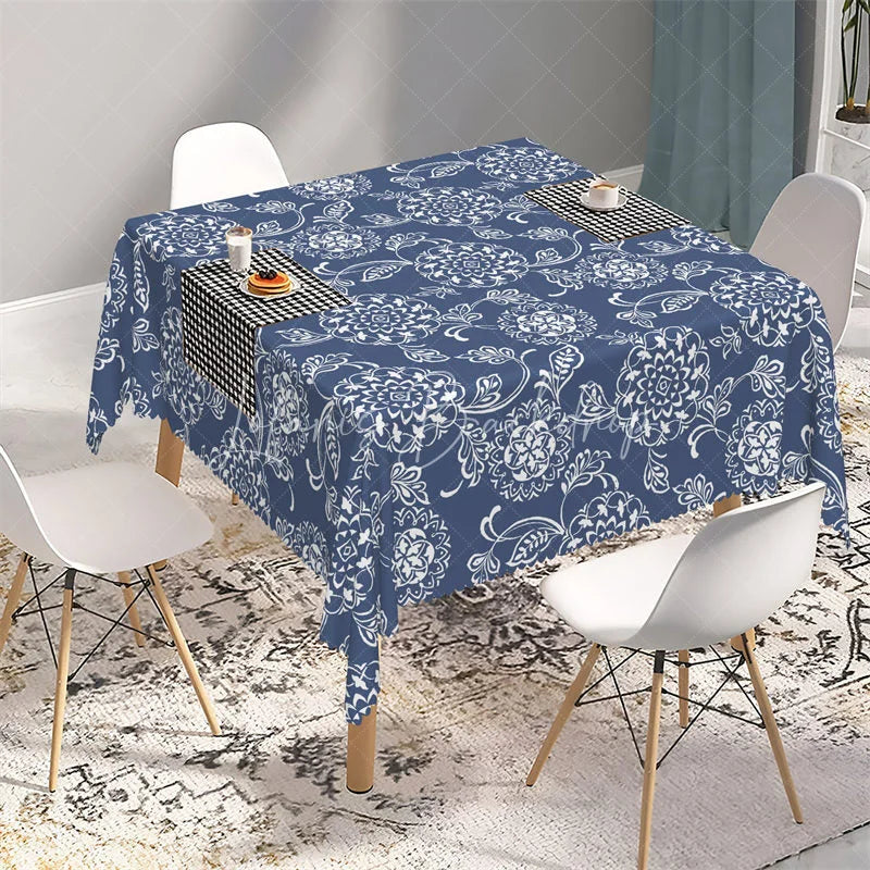 Lofaris Navy Blue and White Mandala Floral Rectangle Tablecloth Ornate Bohemian Pattern Table Cover