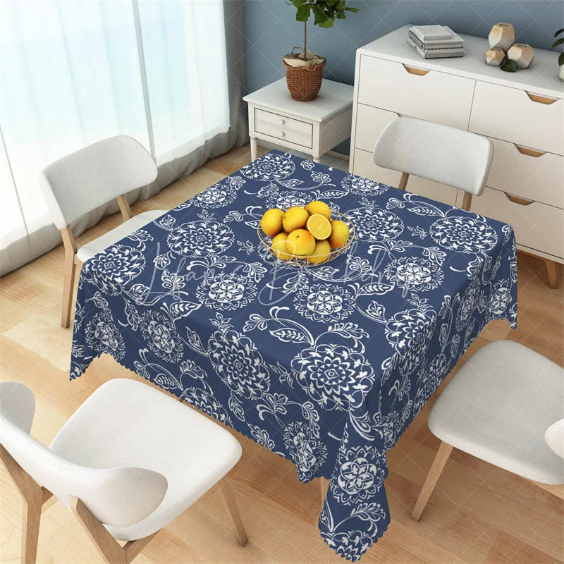 Lofaris Navy Blue and White Mandala Floral Rectangle Tablecloth Ornate Bohemian Pattern Table Cover