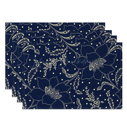 Lofaris Navy Blue Beige Lines Floral Set Of 4 Placemats