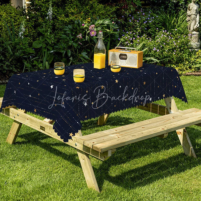 Lofaris Navy Blue Celestial Rectangle Tablecloth with Gold Stars Elegant Modern Starry Night Party Dining Decor