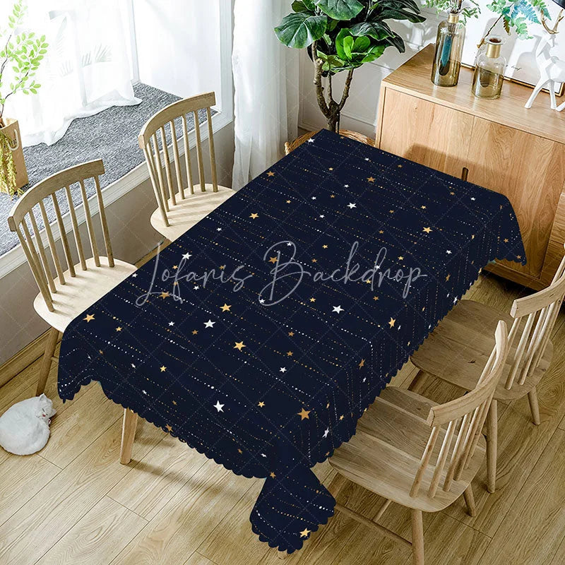 Lofaris Navy Blue Celestial Rectangle Tablecloth with Gold Stars Elegant Modern Starry Night Party Dining Decor
