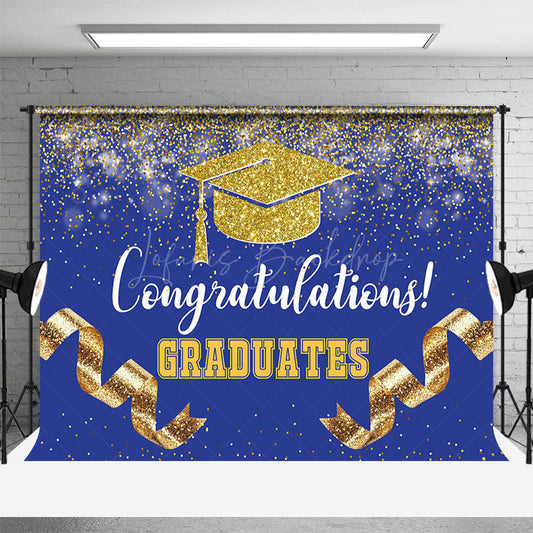Lofaris Navy Blue Gold Glitter Ribbons Congrats Grad Backdrop