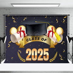 Lofaris Navy Blue Gold Ribbons Cap Congrats Grad Backdrop