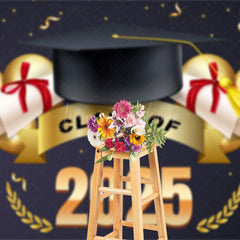 Lofaris Navy Blue Gold Ribbons Cap Congrats Grad Backdrop